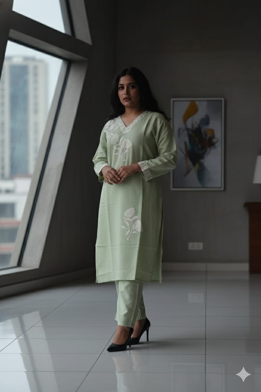 Cotton Blend Light Green Striped KURTI